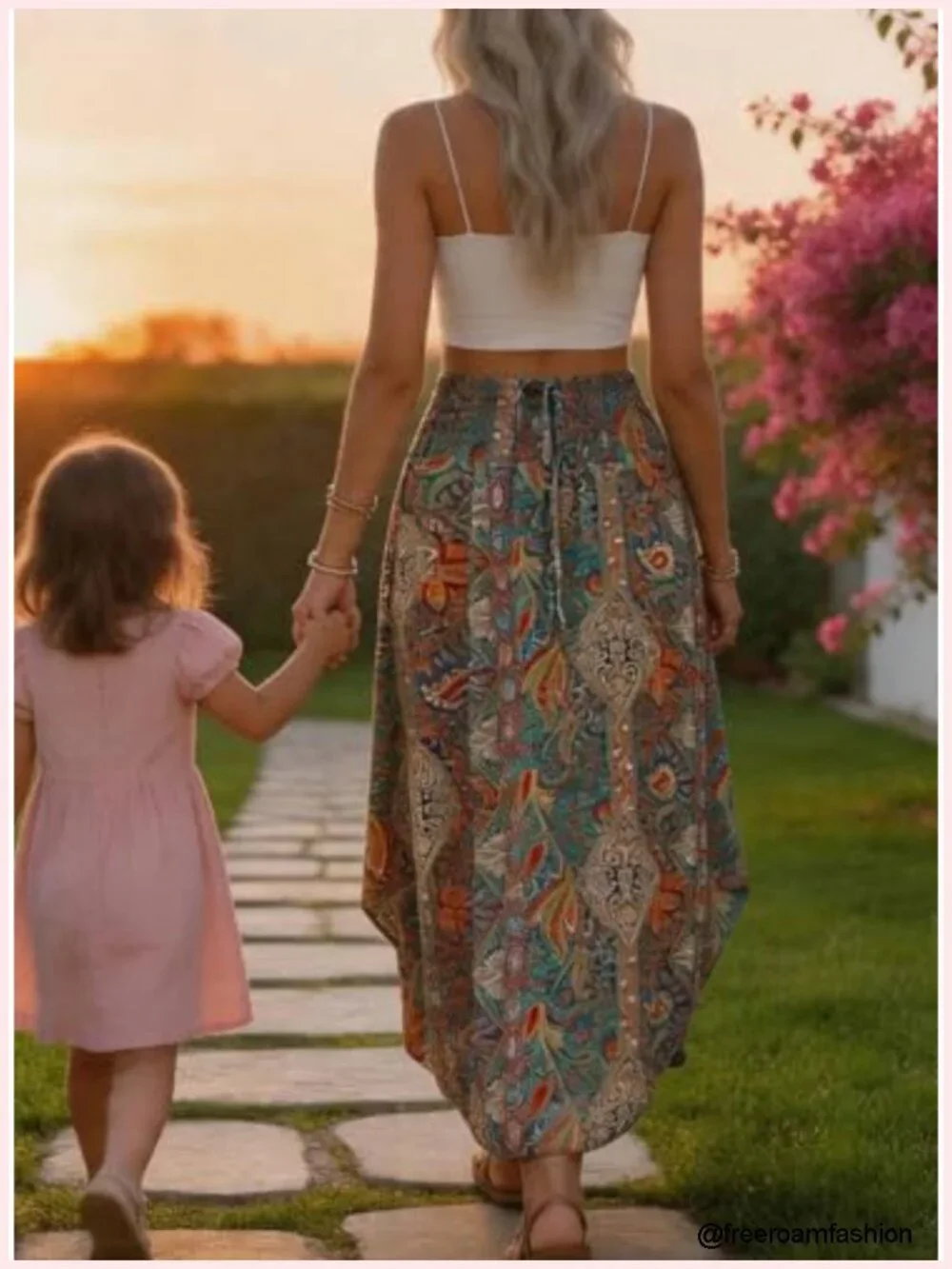 Boho Maxi Skirt High Waist Pleated Flowy A-Line Floral Summer Beach Vacation